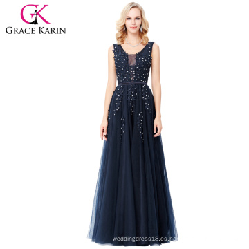 Grace Karin Elegante Deep V-Back Soft Tulle Netting sin mangas de color azul marino largo vestido de noche 8 Tamaño EE.UU. 2 ~ 16 GK000130-1